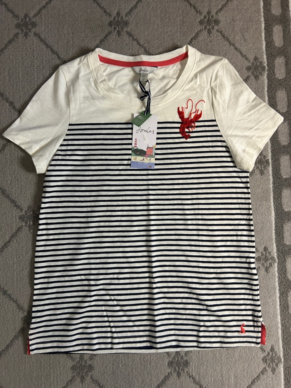 Joules Carley Striped Top with Embroidered Sequin Lobster